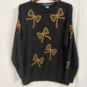 90's Sweater IB Diffusion Gold Bows Women's Size XL Silk Lambs wool‎ Rabbit Hair